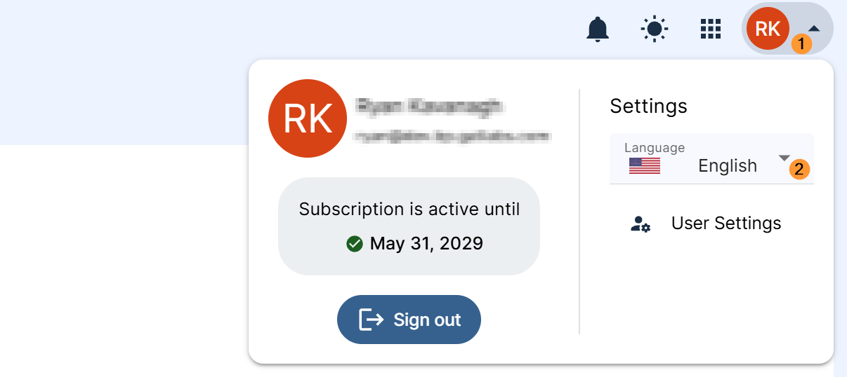Profile menu open in the GAT interface. The user avatar appears at the top right, the Settings panel is visible, the Language dropdown is set to English with a flag icon, and options for User Settings and Sign out are displayed.