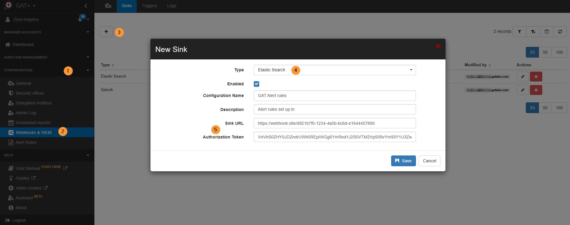 Elastic search and Splunk The Elastic Search and Splunk will require an Authorization Token