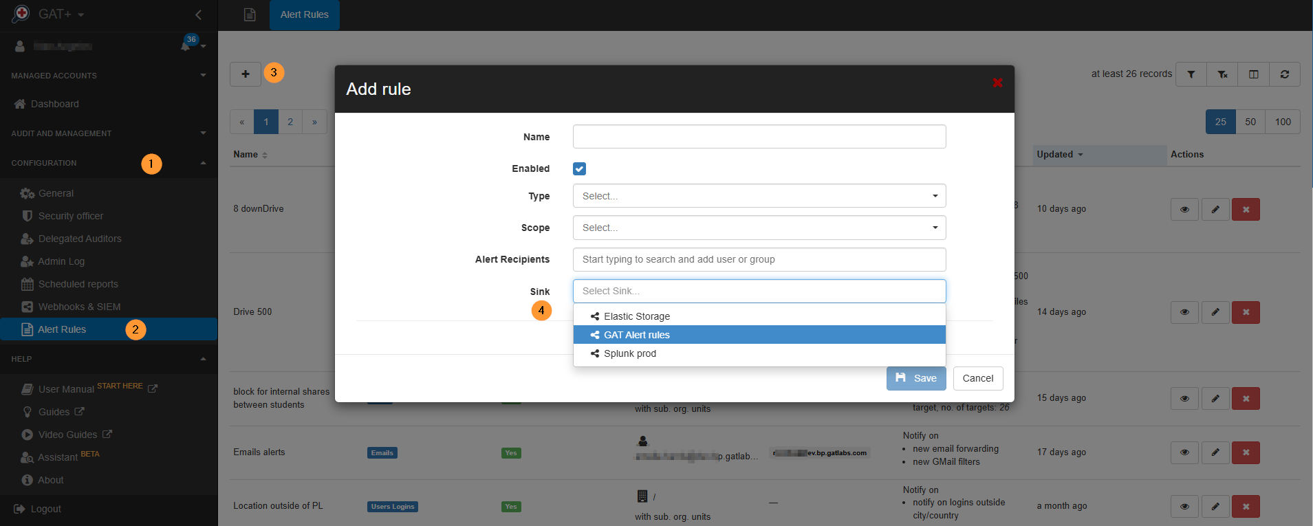The webhooks created can be used in GAT+ Alert rules. Navigate to GAT+ > Alert rules > Add rule and choose Sink to use.