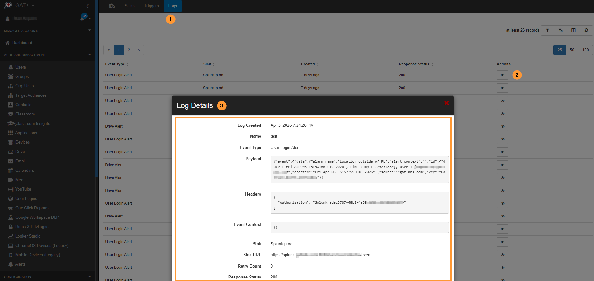Navigate GAT+ > Configuration > Wehooks & SIEM > Logs (at top), you will see the logs of the SIEM alerts triggered. View the logs of action that happen with response status, etc.