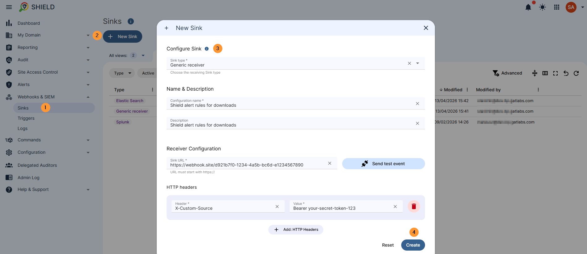 Generic receiver Enable - enable or disable the sink - in the example below, for the Generic receiver. Configuration name - enter name Description - enter description Sink URL - enter a URL for the sink HTTP Headers - enter - Header and Value