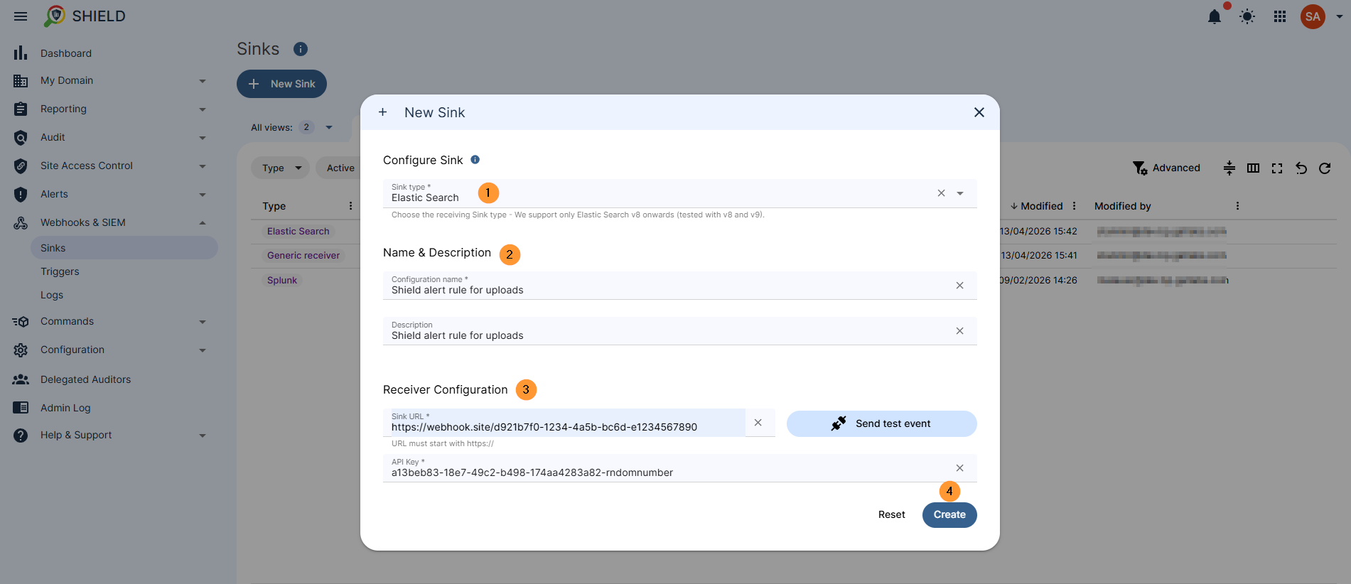 Fill in the details for Elastic Search Sink type - Elastic Search Name & description Name - enter name Description - enter description Reciever configuration Sink URL - enter the Sink URL - additionally, can send a test event API Key - enter the API key Click to create the sink
