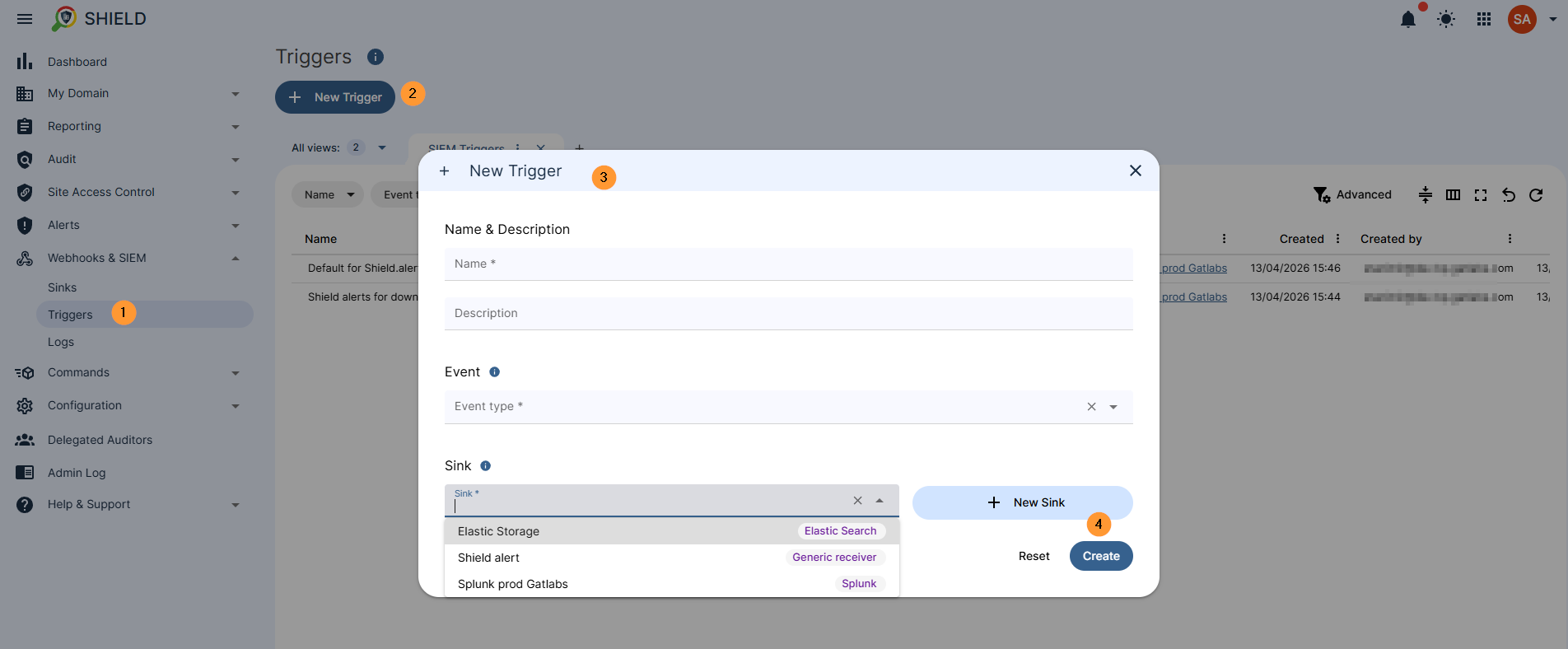 The webhooks created can be used in GAT+ Alert rules. Navigate to Shield > Webhooks & SIEM > Triggers > + New trigger Fill in the details to add a trigger