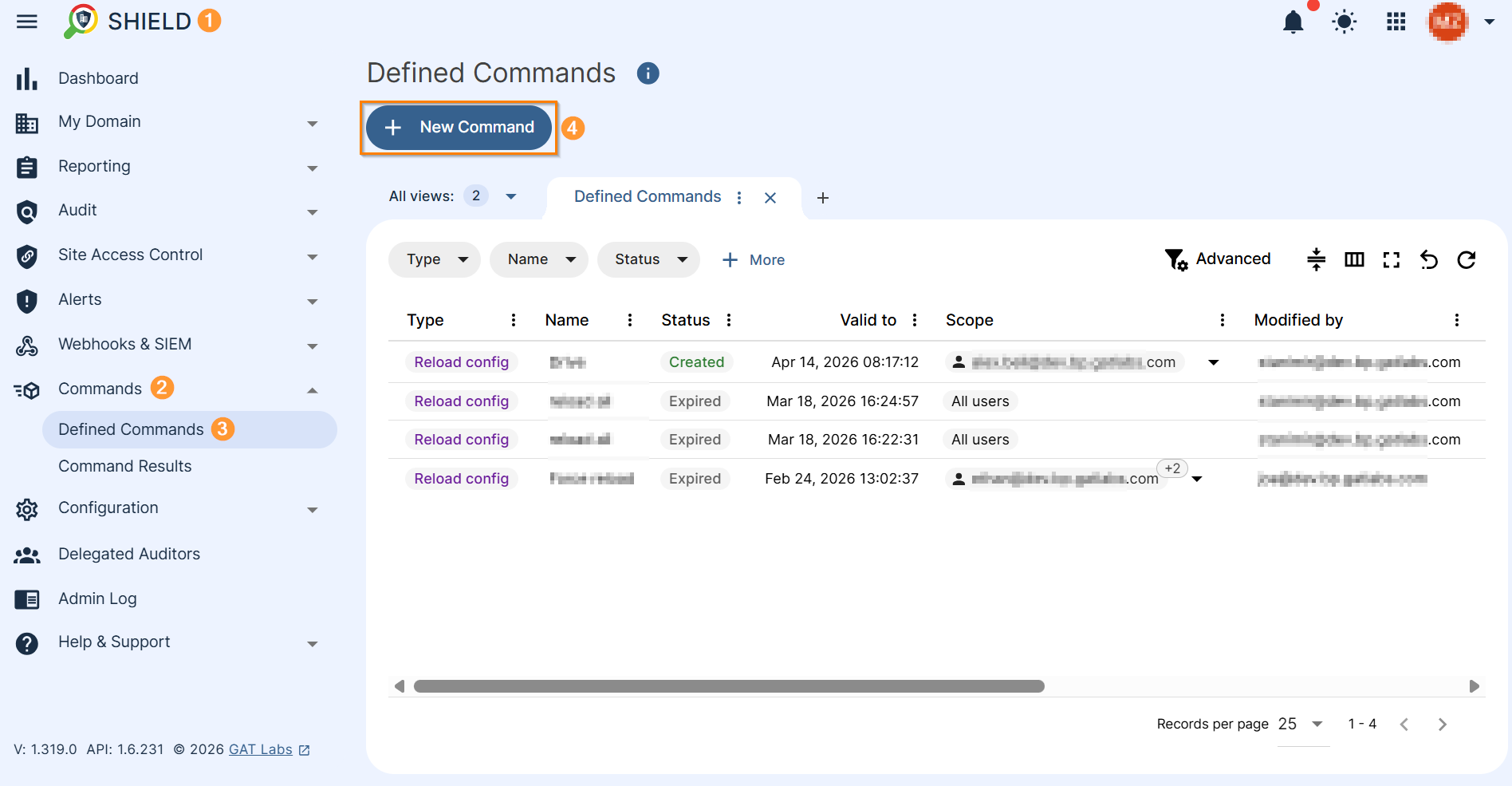 Image showing the Shield Defined Command section and its "+ New Command" button that allows defining a new command.