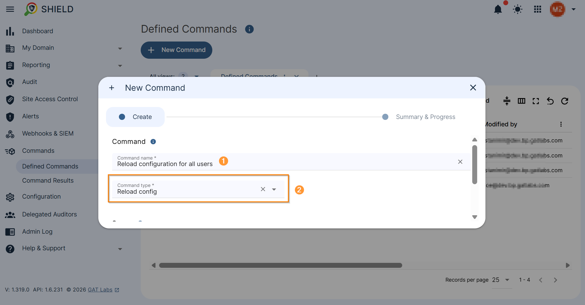 This is an image showing a New Command configuration window with the Command name and Command Type set to "Reload Config".