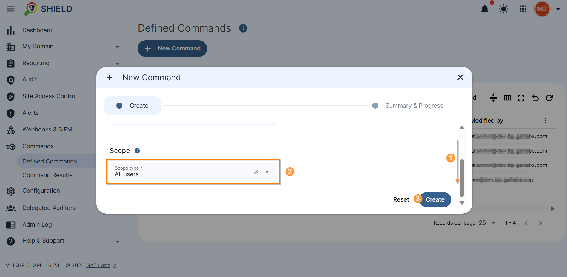 This image shows a New Command configuration window and its section to select Scope and Create button.