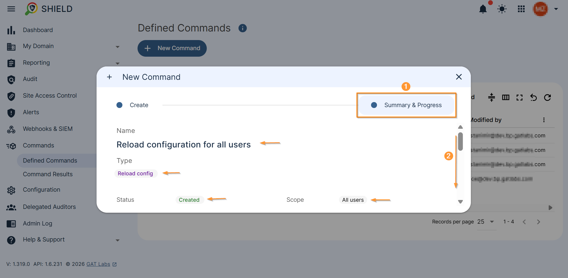 This image shows a New Command configuration window and its Summary & Progress after creating the command.