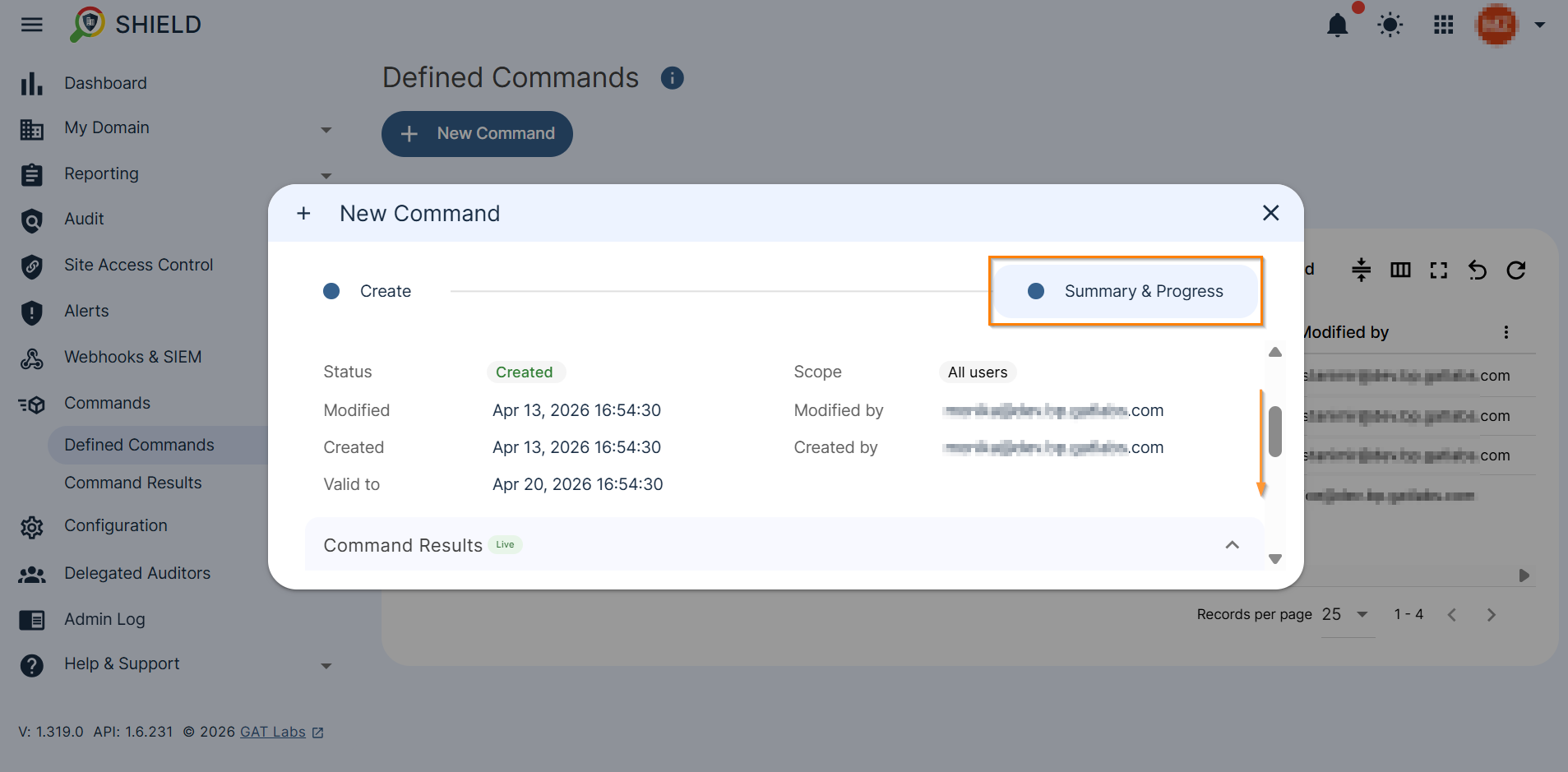 This image shows further expansion of the Summary & Progress section displaying the Status and Scope of the command, the Timestamps for when the command was created and modified, its Expiration date, and the email addresses of the Creator and Modifier.