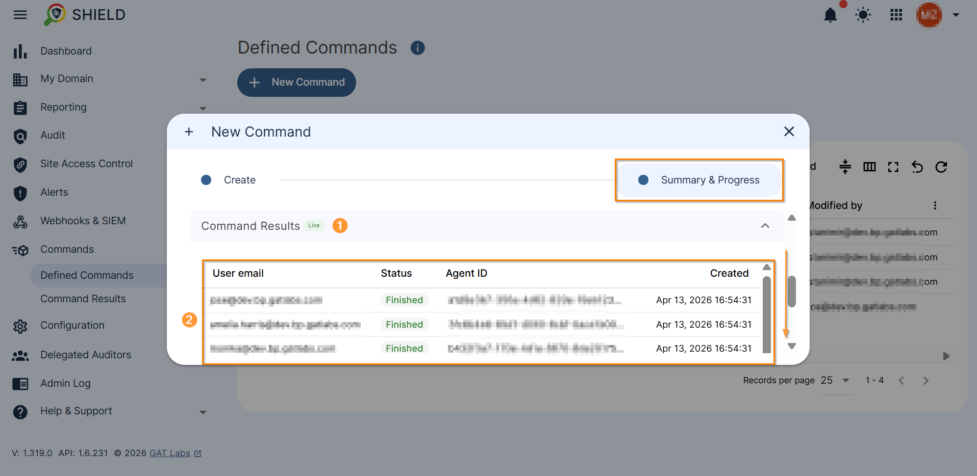 The image shows command Summary & Progress section and the Command Results.