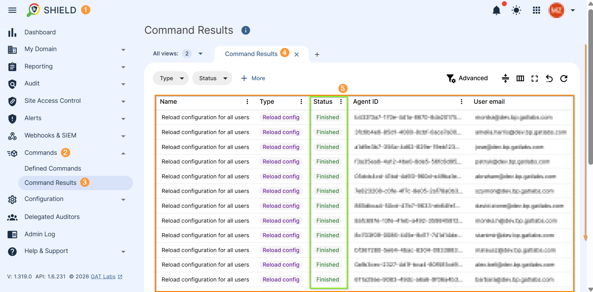 This image shows all the defined commands/ results in the table in the Command Results section of Shield.