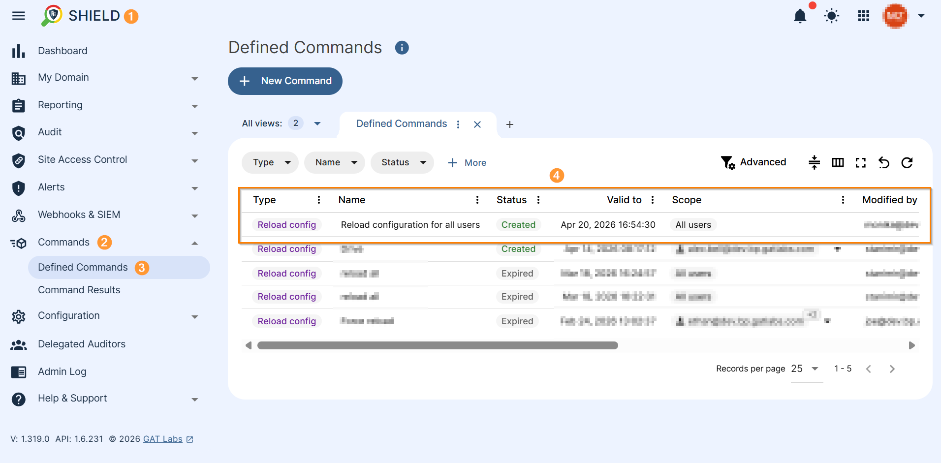 This image shows all the defined commands in the table in the Commands section of Shield.