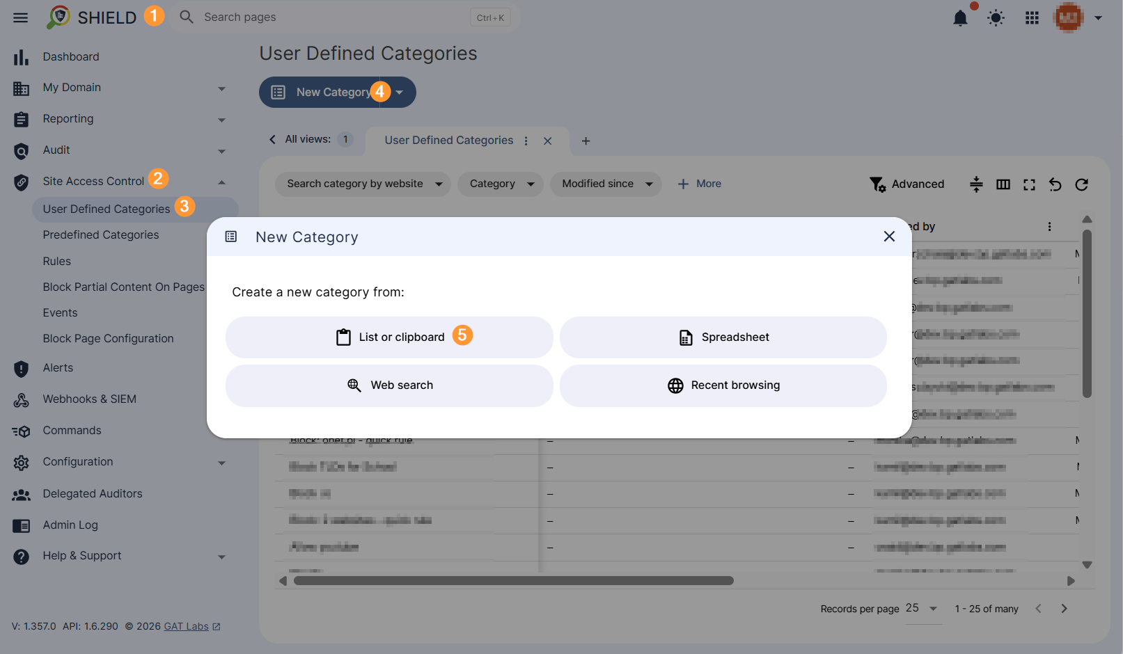 GAT Shield User Defined Category section is displayed with the Ne Category configuration window. 