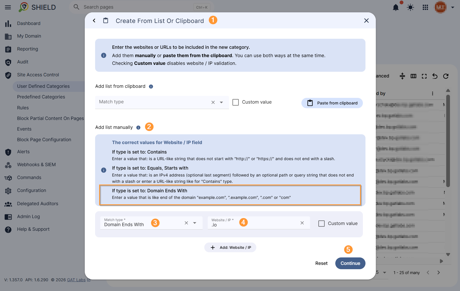 Create From List or Clipboard configuration window is displayed and Domain Ends With match type is used to create the category that covers top-level domain.