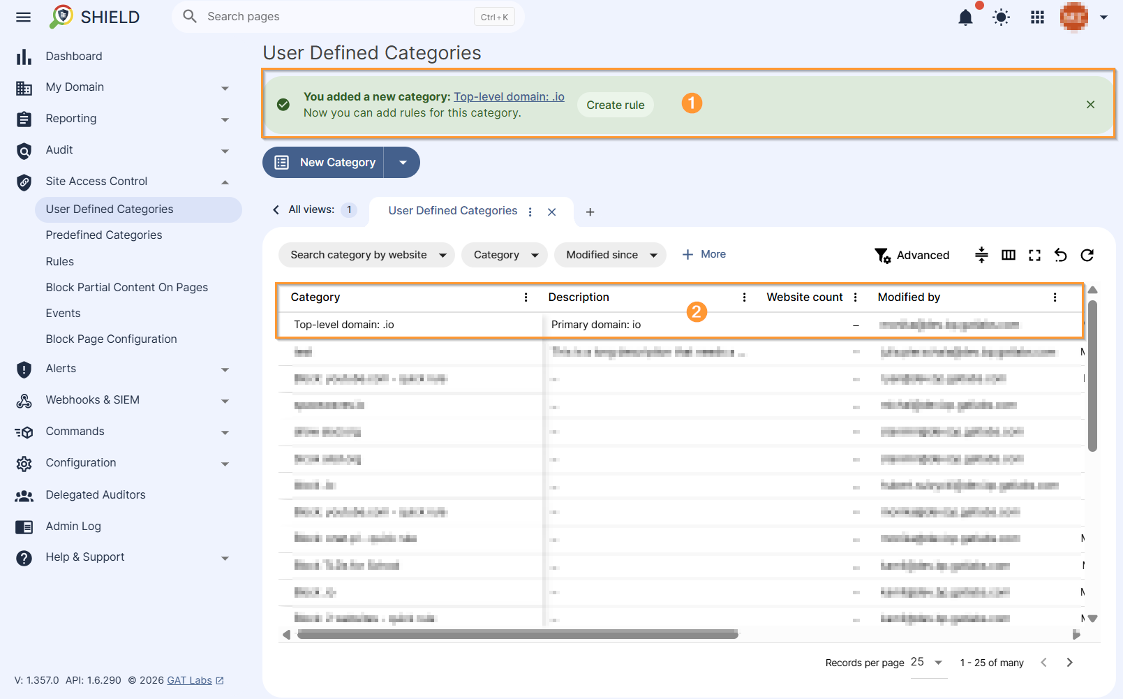Site Access Control User Defined Categories dashboard is displayed and list the newly created category. 