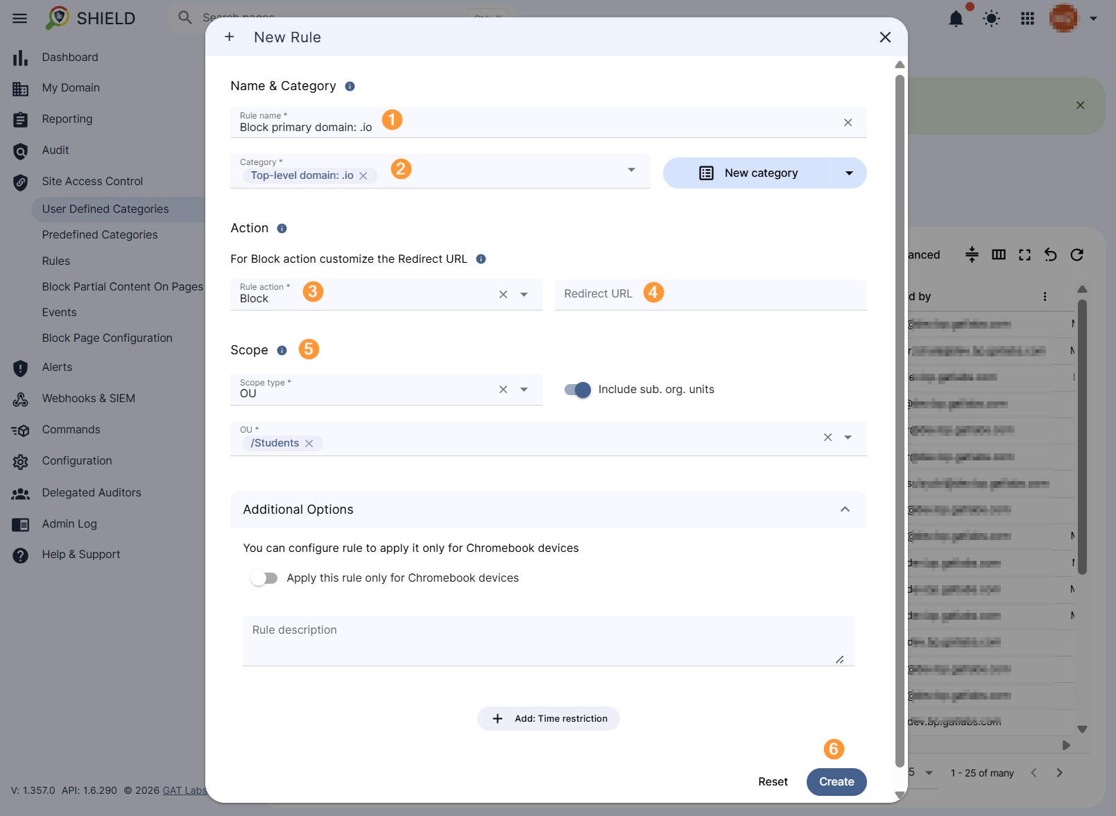 The new rule configuration window is displayed where the action can be selected to Block, scope can be selected as desired, and the Create button that finalise the process.