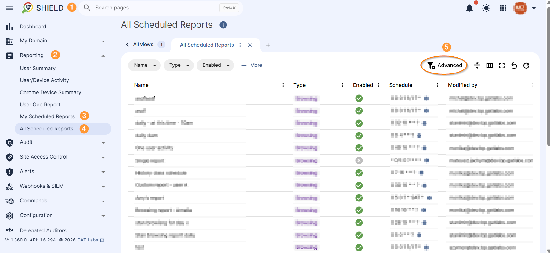 All Scheduled Reports dashboard in Shield is displayed and Advanced filter is shown.