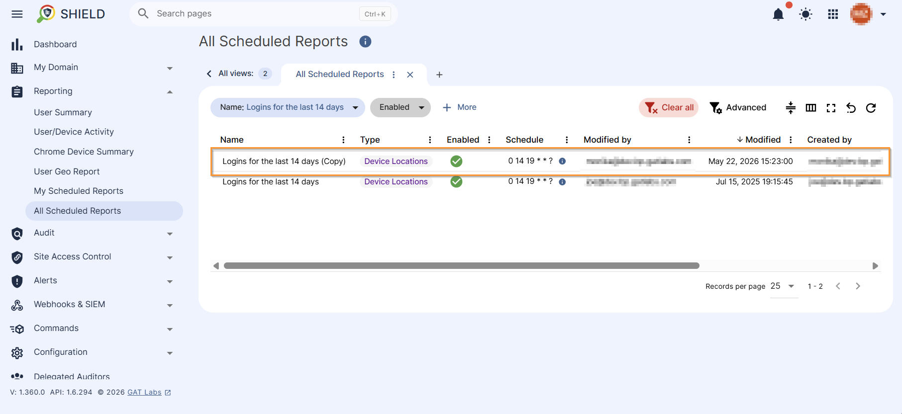 The copied scheduled report is displayed in Shield Dashboard.