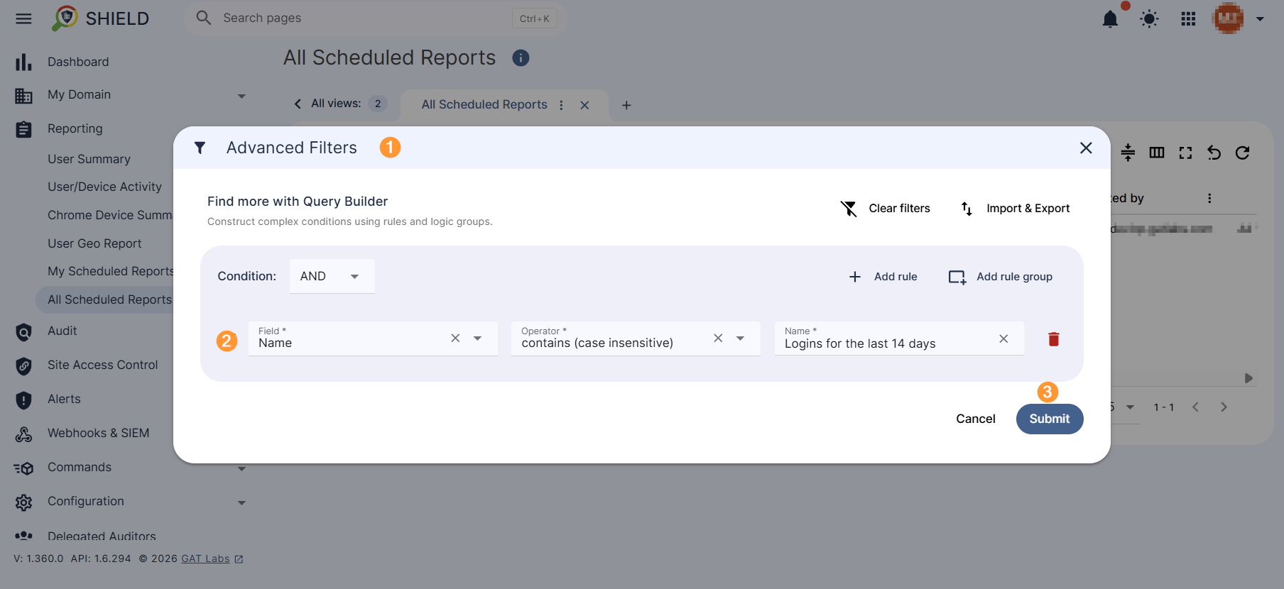 Advanced filter with the searching for the report name option applied. The Submit button is also displayed.