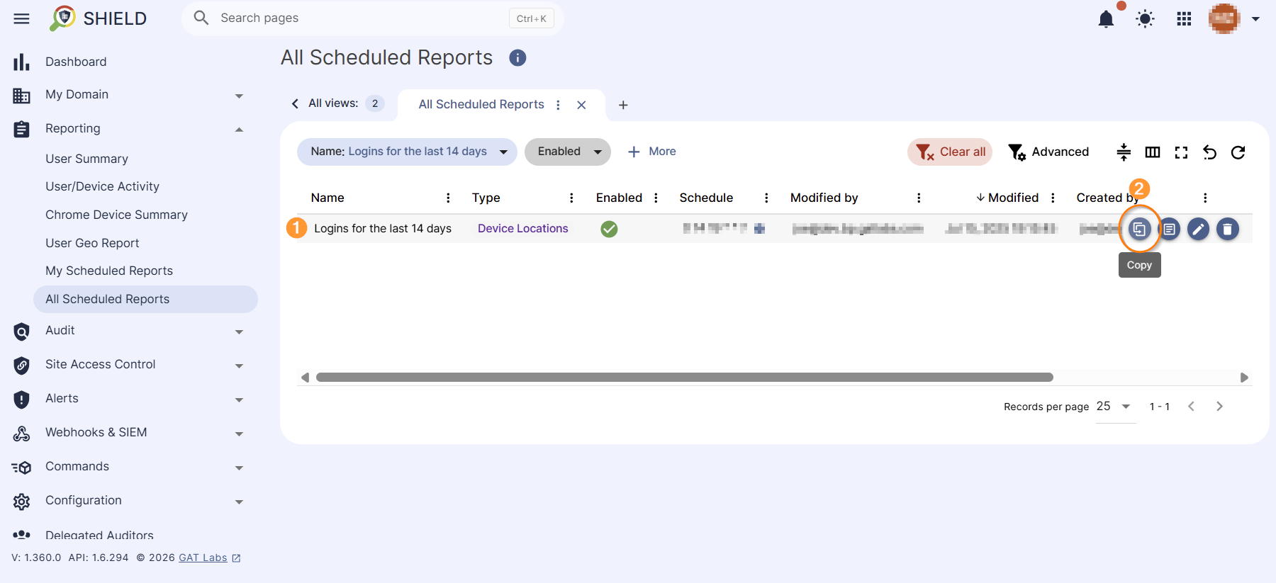 The scheduled report Copy option is visible.