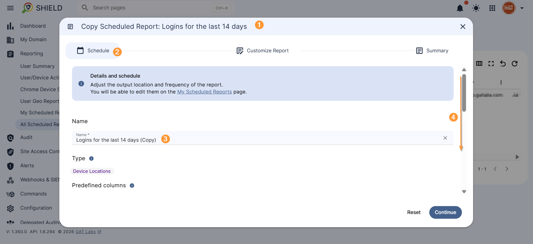 Copied scheduled report template is displayed. The name field can be amended. The settings window can be scrolled down to review other report details. 