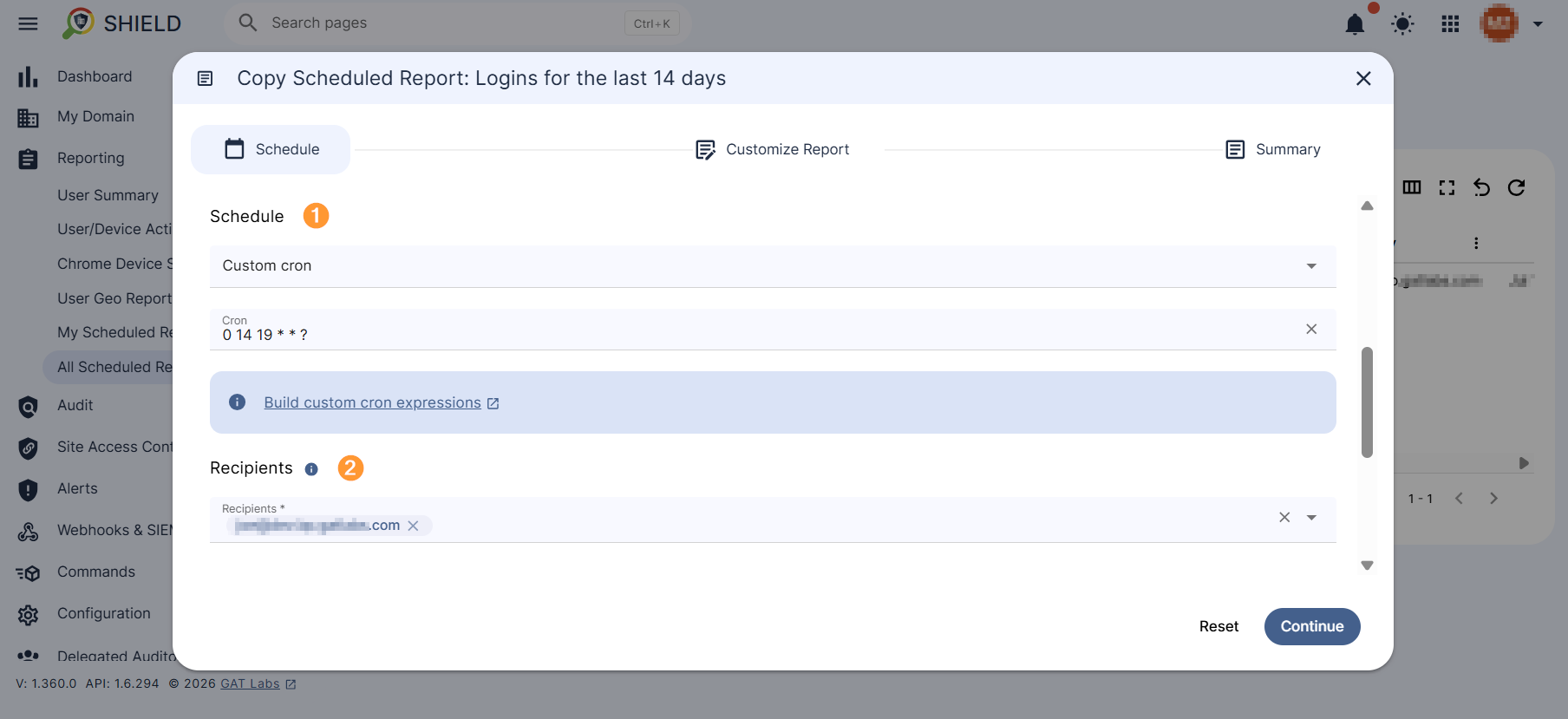 Scheduled report crown (frequency time) and report Recipients can be adjusted. 