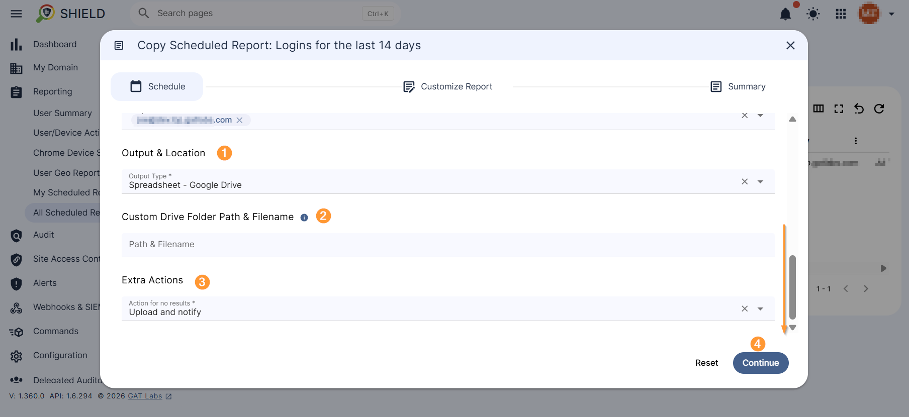 Configuration window allows further define the copied report settings by changing the Output & Location (1), Custom Drive Folder Path & Filename (2), and finally, Extra Actions (3), if applicable. Click Continue (4).