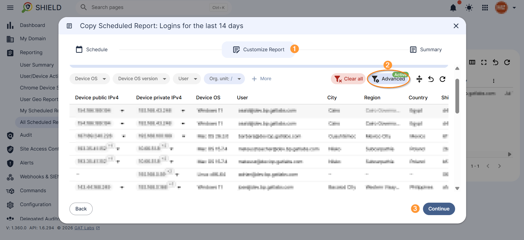 Further customise report (1) option is displayed by reviewing and adjusting the filtering settings (2). Once ready, click Continue (3) to proceed.