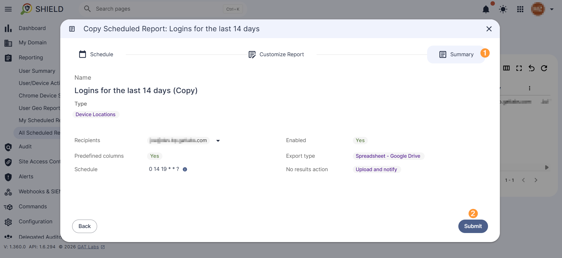 Copied report Summary and Submit button is displayed.
