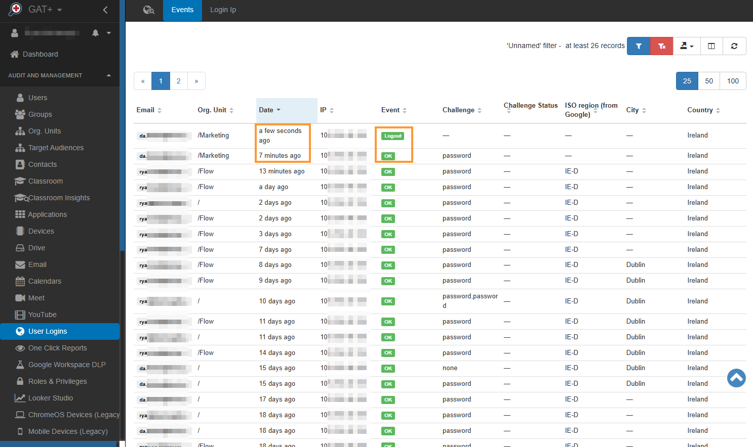 User login events results