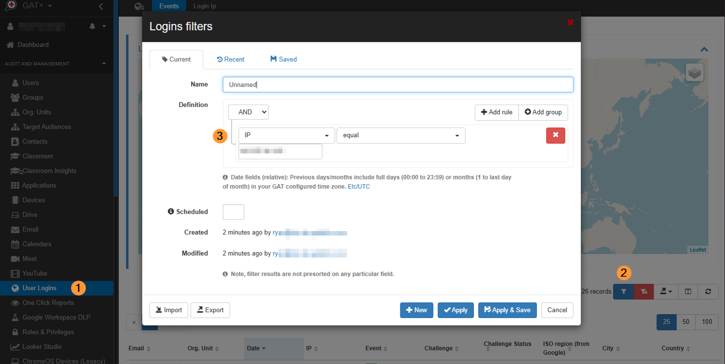 Filtering by IP in the user logins event page