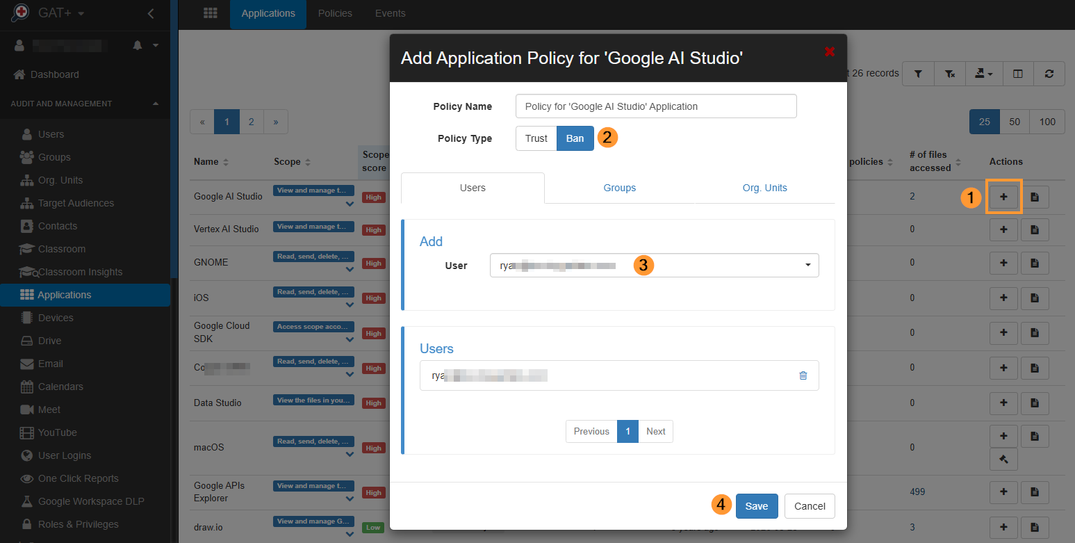 Creating a ban policy for applications in GAT+