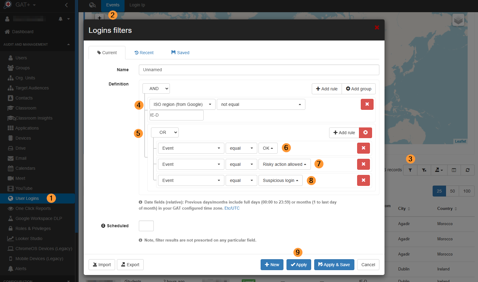 Applying a filter for ISO region and events for the user logins events page.