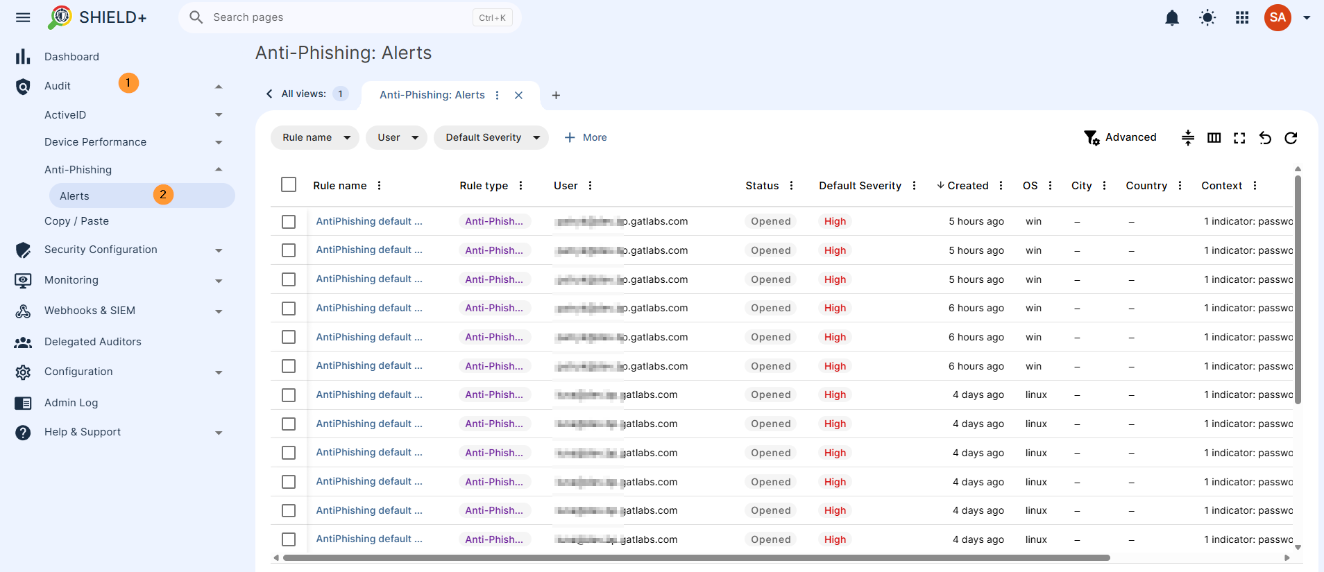 Navigate to Shield+ > Audit > Anti-Phishing > Alerts