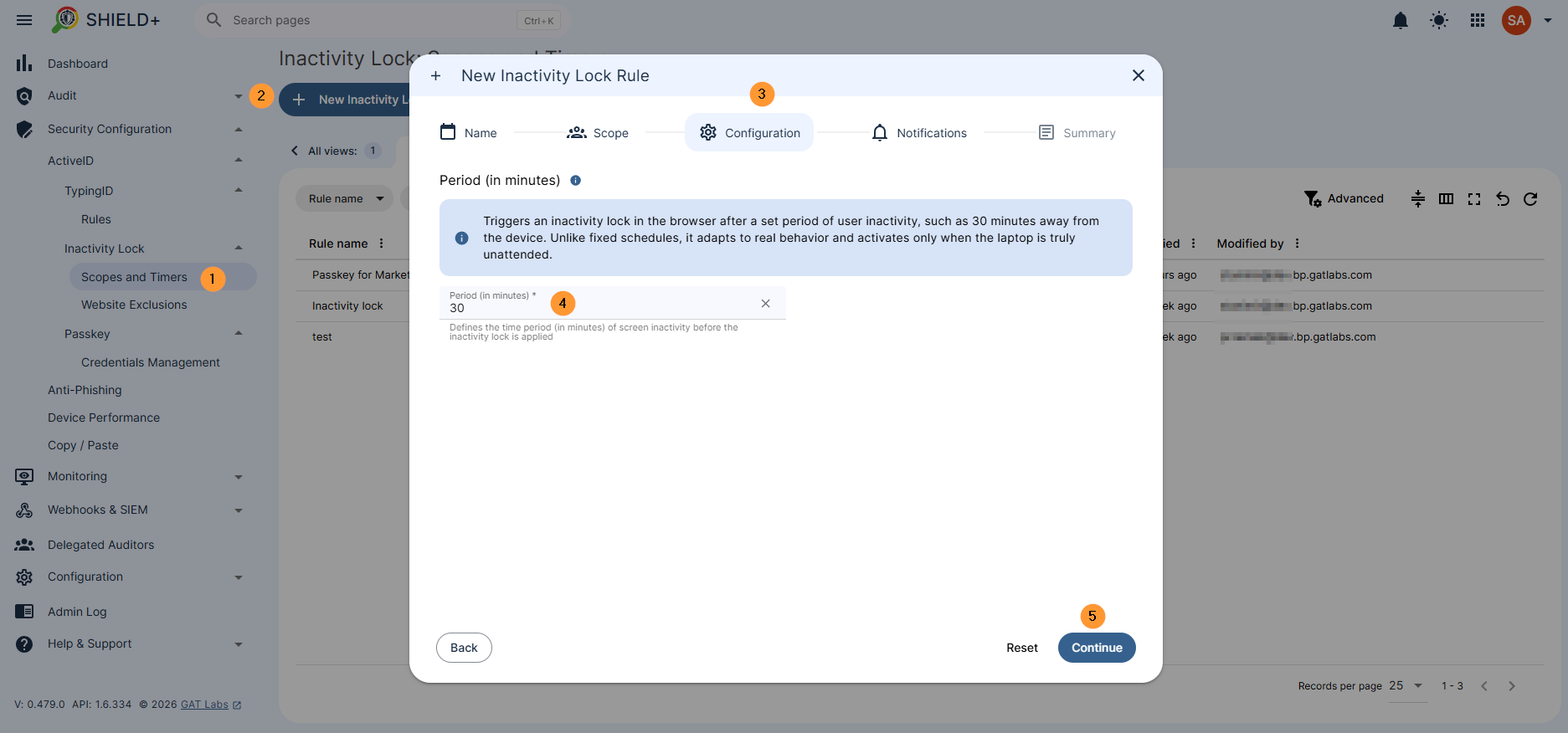 Name - enter the name for the rule Default severity - select severity for the rule Unspecified Low Moderate High Critical Scope - pick and select the scope for the alert Pick user, group, or org. unit of users Excluded scope - Specify users, groups, or OUs that should be excluded from the scope of the defined rule. Add: excluded scope Configuration - Triggers an inactivity lock in the browser after a set period of user inactivity, such as 30 minutes away from the device. Unlike fixed schedules, it adapts to real behavior and activates only when the laptop is truly unattended. Defines the time period (in minutes) of screen inactivity before the inactivity lock is applied