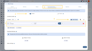 The image depicts the Google Group creation modal in GAT Flow. We can see the modal has 6 sub-menus displayed horizontally along the top, General | Members | Aliases | Flow Dynamic Group | Signature | Settings, with 'Flow Dynamic Group' underlined, indicating that this is the selected sub-menu. There are two sliders shown on the page under the 'Flow Dynamic Group heading 'Enabled' which is in the ON position, and 'Paused' which is in the OFF position. On the next line, we can see the condition builder, and it has a single conditional rule, that being 'Is Manger' --- 'equal' --- 'Yes' Just above the condition attributes is the Show Preview button to the right hand side and the Condition 'AND' option. The Condition builder also has the 'Add rule' and 'Add rule group' buttons There is also a trash can icon beside the condition itself, indicating that each condition or rule group can be deleted individually. Below the Condition Builder section is the Predefined Members heading, The are two options in the Predefined Members section. To the left hand side it says 'Always In Group' with a pill shaped button '+ Add' just below it. This button appears to let the administrator add users to the group, even when they don't meet the conditions listed in the Condition Builder. To the right hand side it says 'Never In Group' with a pill shaped button '+ Add' just below it. This button appears to let the administrator keep users out the group, even when they do meet the conditions listed in the Condition Builder. The last section at the lowest part of the model shows a Safety Settings heading. Though we cannot see anymore of what is in this section, and the administrator is not scrolled down far enough. On the bottom right corner, there is a Small dark blue pill shaped button labelled 'Create'. This will create the new Google group as a Flow dynamic Group when it is selected.