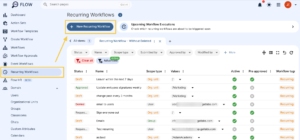 This is a detailed description of the uploaded image, structured cleanly using plain text layout to ensure compatibility with your AI training model. Image Overview: The image is a screenshot of a web-based software application interface named "FLOW". The interface uses a clean, light-mode design with a white, grey, and light blue colour palette. The image contains added yellow annotations consisting of two bounding boxes and a connecting arrow to highlight specific UI elements. Yellow Annotations: One yellow rectangular box outlines the "Recurring Workflows" option located in the left sidebar navigation menu. A second yellow rectangular box outlines the "+ New Recurring Workflow" button in the upper left of the main content area. A diagonal yellow arrow points from the sidebar box up towards the main button box, indicating a user flow or relationship between the two features. Top Navigation Bar: At the top left, there is an icon and the word "FLOW". To its right is a search bar displaying the text "Search pages" along with a keyboard shortcut prompt "Ctrl + K". On the far right side of the header bar, there are four icons: a notification bell with a red badge, a sun icon representing the display theme, a nine-dot grid menu icon, and a circular user profile icon showing initials. Left Sidebar Navigation Menu: The sidebar runs down the left side of the screen and displays a vertical list of menu options, each accompanied by an icon. The listed items are: Dashboard Action Sets Workflow Templates Create Workflow Workflows Workflow Approvals Event Workflows Recurring Workflows (This item is highlighted with a light blue background block and is enclosed by the yellow box) Flow HR (marked with a blue "BETA" tag) Domain (This is an expanded dropdown category containing sub-items: Users, Organizational Units, Groups, Classrooms, Chats, Custom Attributes, and Calendars) Main Content Area Header: The main panel is titled "Recurring Workflows" at the top, next to a small blue information icon. Directly below the title is a large, dark blue button that says "+ New Recurring Workflow" (enclosed by the yellow box). To the right of this button is an informational card titled "Upcoming Workflow Executions" accompanied by a clock icon. The subtext on this card reads, "Check which recurring workflows are about to be triggered soon", followed by a right-facing arrow. Filters and View Settings: Below the header section, there is a tabbed navigation row. The active tab is labeled "Recurring Workflow - Without Deleted". Underneath the tabs is a row of filtering dropdown menus labeled: Status, Name, Scope type, Submitted by, Approved by, Modified by, and + More. To the left of these dropdowns are two filter action buttons: "Clear all" (with a red filter icon) and "Advanced" (with a green "Active" badge above it). On the far right of this filter row, there are utility icons for adjusting row spacing, column visibility, full-screen mode, undoing actions, and refreshing the view. Data Table Content: The center of the screen features a large data table displaying a list of recurring workflows. The table contains seven columns: Status, Name, Scope type, Values, Active, Pre approved, and Workflow tags. There are eight rows of data visible, detailed from top to bottom: Row 1: Status: Draft (displayed in an orange badge) Name: Leaver within the next 7 days Scope type: Org. unit (displayed in an orange badge) Values: / Active: Green circle with a white checkmark Pre approved: Green circle with a white checkmark Workflow tags: Recurring (displayed in an orange badge) Row 2: Status: Approved (displayed in a green badge) Name: Update emloyees signatures weekly (Note: "employees" is misspelled as "emloyees") Scope type: Org. unit (displayed in an orange badge) Values: /Marketing Active: Green circle with a white checkmark Pre approved: Grey circle with a white X (Indicating this is not Pre approved) Workflow tags: Recurring (displayed in an orange badge) Row 3: Status: Draft (displayed in an orange badge) Name: change pass every 3 months Scope type: Org. unit (displayed in an orange badge) Values: /Marketing Active: Green circle with a white checkmark Pre approved: Grey circle with a white X (Indicating this is not Pre approved) Workflow tags: Recurring (displayed in an orange badge) Row 4: Status: Denied (displayed in a red badge) Name: email to users Scope type: User (displayed in a grey badge) Values: An email address where the prefix is partially blurred, ending in "@gatlabs.com" Active: Green circle with a white checkmark Pre approved: Grey circle with a white X (indicating this is not Pre approved) Workflow tags: Recurring (displayed in an orange badge) Row 5: Status: Reques... (displayed in a grey badge, truncated text for 'requested') Name: Sign everyone out Scope type: Org. unit (displayed in an orange badge) Values: / Active: Green circle with a white checkmark Pre approved: Green circle with a white checkmark Workflow tags: Recurring (displayed in an orange badge) Row 6: Status: Draft (displayed in an orange badge) Name: Emails Scope type: Group (displayed in a green badge) Values: An email address where the prefix is partially blurred, ending in "@gatlabs.com" Active: Green circle with a white checkmark Pre approved: Grey circle with a white X (Indicating this is not Pre approved) Workflow tags: Recurring (displayed in an orange badge) Row 7: Status: Reques... (displayed in a grey badge, truncated test for 'Requested') Name: Test recurring Scope type: User (displayed in a grey badge) Values: An email address where the prefix is partially blurred, ending in "gatlabs.com" Active: Grey circle with a white X (Indicating this is not Pre approved) Pre approved: Grey circle with a white X Workflow tags: Recurring (displayed in an orange badge) Row 8: Status: Draft (displayed in an orange badge) Name: Example Scope type: Org. unit (displayed in an orange badge) Values: /AdamAcademy Active: Green circle with a white checkmark Pre approved: Green circle with a white checkmark Workflow tags: Recurring (displayed in an orange badge)