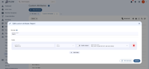 This is a high-resolution screenshot of a web application interface named FLOW. The screen displays an administrative dashboard with a prominent modal window centered in the foreground titled "Edit custom attribute: Report". The image can be broken down into four main structural areas: the Top Navigation Bar, the Left Sidebar, the Background Page Content, and the Foreground Modal Window. 1. Top Navigation Bar Running horizontally across the very top of the screen, this bar contains: Left side: The logo for the application, consisting of an icon (a magnifying glass inside a stylized chat bubble/circle) followed by the text FLOW. Next to it is a search bar containing the placeholder text "Search pages" and a keyboard shortcut hint Ctrl + K. Right side: Four icons arranged horizontally: A notification bell icon with a small red dot indicating an active notification. A sun icon (likely for light/dark mode toggling). A 3x3 grid menu icon (apps/modules drawer). A circular user profile avatar in orange with the letters "J(" or similar initials inside. 2. Left Sidebar Navigation A dark-grey vertical navigation menu runs down the left edge of the screen. While partially obscured by the foreground modal, the visible menu items include: Dashboard, Action Sets, Workflow Templates, Create Workflow, Workflows, Workflow... (truncated), Ever... (truncated), Recu... (truncated), Flow... (truncated), Dom... (truncated), Us... (truncated), Or... (truncated), Gr... (truncated), Cl... (truncated), Ch... (truncated). Custom... (Custom Attributes) is highlighted, indicating the user's current section. Cale... (truncated), Log... (truncated), Adm... (truncated), Api Log, and Roles and permissions. 3. Background Page Content ("Custom Attributes") Behind the modal window, the main page layout is visible: Title: "Custom Attributes" with a small blue information (i) icon next to it. Button: A dark blue button labeled "+ New Attribute". Tabs: Below the title is a tab-like navigation bar showing "< All views: 1", a selected tab named "Custom Attributes" (with a vertical three-dot menu and an x close icon), and a + icon to add a new tab. Toolbar: Further down is a "Name" dropdown filter button on the left, and a set of utility icons on the right including an "Advanced" button (with a gear icon), column adjustment icons, a fullscreen icon, a reset/undo icon, and a refresh icon. Table Rows: The main content table is partially visible, showing rows with labels like "Work Address" and "Yes or no value". 4. Foreground Modal Window The main focus of the screenshot is a large, white rounded-corner modal overlay box. Modal Header Left side: A pencil/edit icon followed by the text "Edit custom attribute: Report". Right side: An X icon to close the modal. "General" Section Features a section subtitle labeled "General" with a small blue information icon. Contains a single text input field with the floating label *"Attribute name " and the filled text value "Report". "Fields" Section Features a section subtitle labeled "Fields". Contains a horizontal configuration row for a specific field: *Field name : A text input field containing the text "Reports to". *Type : A dropdown selector showing the value "Email". Multi-valued: A toggle switch interface that is currently turned off (slider is to the left, colored gray). *Read access type : A dropdown selector displaying the configuration option "Any user in your domain can see values". Delete Icon: A solid red square button containing a white trash can icon at the far right of the row. Below this configuration row is a centered button labeled "+ Add: Fields". Modal Footer Located in the bottom right corner of the modal window are two action buttons: An outlined button with a circular reload arrow icon labeled "Refresh data". A solid dark blue button labeled "Update".