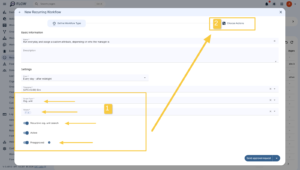 The image shows a screenshot of a web application user interface for a software platform called "GAT FLOW". A large modal window titled "New Recurring Workflow" is superimposed over the main dashboard interface. The image contains prominent yellow annotations (boxes, arrows, and numbers) highlighting specific areas of the workflow configuration screen. Here is a detailed, section-by-section breakdown of everything visible in the image: Main Application Background (Partially Visible) Top Navigation Bar: Displays the "GAT FLOW" brand logo on the left, followed by a search bar that says "Search pages" with a shortcut hint "Ctrl + K". On the far right, there are icons for notifications (a bell with a red dot), theme switching (a sun icon), a grid menu, and a user profile avatar with initials. Left Sidebar: A vertical navigation menu showing icons and truncated labels for various sections of the app, such as Dashboard, Actions, Workflows, Events, Recurring (which is currently active), Users, Org. Units, Groups, Logs, and Configuration. Bottom Footer: Displays version information at the bottom left: "V: 0.481.0 API: 1.6.301 © 2026 GAT Labs". "New Recurring Workflow" Modal Window The modal is a multi-step creation wizard. At the very top left, there is an icon next to the title, and a close button ("X") is located at the top right. Workflow Progress Steps (Top of Modal) Step 1 is labelled "Define Workflow Type" and features a circular power button icon. It is styled in light blue, indicating it is the currently active step. Step 2 is labelled "Choose Actions" with an icon showing two vertical opposing arrows. This step is enclosed in a yellow annotation box labelled with a yellow square containing the number "2". A long yellow arrow points from the centre of the screen up to this box. Basic Information Section Name *: A mandatory text input field filled with the text: "Run everyday and assign a custom attribute, depending on who the manager is". There is a small "x" icon on the far right of the field to clear the input. Description: An empty text area box with a resize handle in the bottom right corner. Settings Section Cron *: A mandatory dropdown menu populated with the text "Every day - after midnight". Timezone *: A mandatory dropdown menu populated with "(UTC+0:00) Eire", featuring a clear "x" icon and a downward-pointing arrow. Scope Type *: A mandatory dropdown menu populated with "Org. unit". This field has a yellow arrow pointing to it from the right. Values *: A mandatory input field containing a single pill/chip selection representing the root directory icon with an "x" next to it (" / x "). This field has a yellow arrow pointing to it from the right. Recursive org. unit search: A toggle switch label. The switch to its left is toggled "On" (colored blue). This field has a yellow arrow pointing to it from the right. Active: A toggle switch label. The switch to its left is toggled "On" (colored blue). Preapproved: A toggle switch label followed by a small blue information icon ("i"). The switch to its left is toggled "On" (colored blue). This field has a yellow arrow pointing to it from the right. Yellow Annotations Overlay Box 1: A large yellow rectangle encloses the lower half of the Settings section, capturing the "Scope Type *", "Values *", "Recursive org. unit search", "Active", and "Preapproved" fields. It contains a yellow square label with the number "1". Four distinct horizontal yellow arrows point leftward at specific fields within this box (Scope Type, Values, Recursive org. unit search, and Preapproved). Box 2: A yellow rectangle encloses the "Choose Actions" step at the top right of the modal, labeled with the number "2". A diagonal yellow arrow originates from the middle of the screen and points directly to this box. Bottom Right Action Buttons A primary blue button at the bottom right corner of the modal reads "Send approval request". The right edge of the button includes a dropdown arrow indicating additional action options.