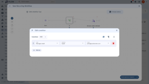 This is a full-screen screenshot of a web-based automation platform named GAT FLOW, developed by GAT Labs. The user interface displays a workflow builder with a configuration dialog open in the foreground. In the center of the screen, there is a large modal window titled "New Recurring Workflow". The background of this modal features a dotted grid canvas showing a visual sequence of workflow steps or nodes connected by lines. The visible sequence begins with a "Start" node, which connects to a conditional "If" node. The "If" node splits into two paths: a "Yes" path that connects to a node labeled "Set user custom attribute", and a "No" path. Superimposed directly over this workflow canvas is a smaller, secondary modal window titled "Edit condition". This window contains the configuration settings for the "If" node. At the top left of this dialog, there is a dropdown labeled "Condition" which is set to "AND". To the right of this dropdown are three utility icons: an add-to-document icon, a filter icon, and an expand icon. Below the condition setting, there is a single rule row containing three specific configuration fields: The first field is a dropdown labeled "Field" with the value "Manager email". The second field is a dropdown labeled "Operator" with the value "equal". The third field is a dropdown/text box labeled "Value" containing the placeholder or text "john@yourdomain.com". To the far right of this rule row is a red trash can icon used for deleting the rule. Directly beneath the rule row is a button labeled "+ Add rule". In the bottom right corner of the larger "New Recurring Workflow" modal, there is a prominent blue button labeled "Send approval request" with a dropdown arrow on its right edge. To the left side of the canvas, a vertical floating toolbar contains five circular buttons for zoom and canvas controls: an information icon, a full-screen/recenter icon, a plus icon, a minus icon, and a three-dots icon. The background behind these modal windows shows the main application interface, which is slightly dimmed. On the far left, there is a vertical navigation sidebar listing various system options such as Dashboard, Actions, Workflows, Create, Recurring, Flow, Domain, Users, Org, Groups, Classroom, Chat, Custom, Calendar, Logs, Admin, Api, Roles, Webhook, and Config. At the very top of the screen is a dark navigation bar featuring the "FLOW" logo, a central search bar that reads "Search pages (Ctrl+K)", and user profile/notification icons in the top right corner. The bottom left footer displays the version details: "V: 0.481.0 API: 1.6.301 © 2026 GAT Labs".