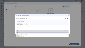 This is a detailed description of the provided screenshot, structured clearly using standard text and simple bullet points for compatibility with your AI training pipeline. Application Overview The screenshot displays a web-based user interface for an enterprise workflow automation software named GAT FLOW, developed by GAT Labs (indicated by the footer text "V: 0.481.0 API: 1.6.301 © 2026 GAT Labs"). The page contains a main workflow builder canvas in the background and a configuration modal window open in the foreground. Background Workflow Canvas The main background window is titled "New Recurring Workflow" and features a grid-patterned canvas area used to define a workflow structure. A horizontal flowchart diagram labelled "Define Workflow Type" is visible. The diagram contains three sequential nodes: a "Start" node (represented by a circle with a right-facing arrow), which connects to an "If" conditional node (represented by a green square with a branching icon). The "If" node splits into two paths labelled "Yes" and "No". The "Yes" path connects directly to a third node labelled "Set user custom attribute" (represented by a grey square with a user profile and gear icon). A small vertical toolbar sits on the left side of the canvas containing icons for information, full screen, zoom-in (+), zoom-out (-), and a three-dot options menu. A blue action button labelled "Send approval request" with a dropdown arrow sits in the bottom right corner of the canvas container. Foreground Configuration Modal A smaller configuration window titled "Set user custom attribute" is overlaid directly in the centre of the screen. It contains several input fields and settings: At the top right of this modal, there is a close (X) icon, alongside two smaller utility icons (a document with a plus sign and a shield with a check mark). A collapsible section labelled "Template variables" is displayed with a downward-pointing arrow. Below that is a dropdown menu field labelled "Custom attribute *". The current selected value in this field is "Report - Report to". Beneath the dropdown is a toggle switch labelled "Clear selected schema", which is currently turned off (switched to the left and coloured grey). A text input field labelled "Value" is shown below the toggle. The text "john" has been typed into this field. The field is outlined with a solid red border and contains a red circular exclamation mark icon, indicating an error or validation warning. Dropdown Suggestions and UI Annotations Directly below the "Value" input field, a search suggestion dropdown list has appeared with three matching results: The first item is a plain text row reading "john", highlighted with a light blue background. The second item shows the user profile "John wick" with a partially blurred email address underneath ("john...@...com"). The third item shows the user profile "John Doe" with a partially blurred email address underneath ("john@yourdomain.com"). Several bright yellow markup annotations have been added to the screenshot to highlight specific areas: A horizontal yellow arrow points left toward the "Custom attribute *" dropdown menu. A second horizontal yellow arrow points left toward the "Clear selected schema" toggle switch. A third horizontal yellow arrow points left toward the "John Doe" entry in the dropdown suggestion list. A thick yellow rectangular box completely outlines the "John Doe" suggestion row at the bottom of the dropdown list. Surrounding Interface Elements Top Bar: Features the "FLOW" logo, a "Search pages" input box with a "Ctrl + K" shortcut hint, a notification bell icon with a red alert dot, a light/dark mode theme toggle (sun icon), an application grid menu icon, and a circular user profile icon with their initials. Left Navigation Sidebar: A dark sidebar containing a long list of menu options, including Dashboard, Actions, Workflows, Create, Working, Events, Recurring, Domains, Users, Groups, Logs, Admin, and Configuration.