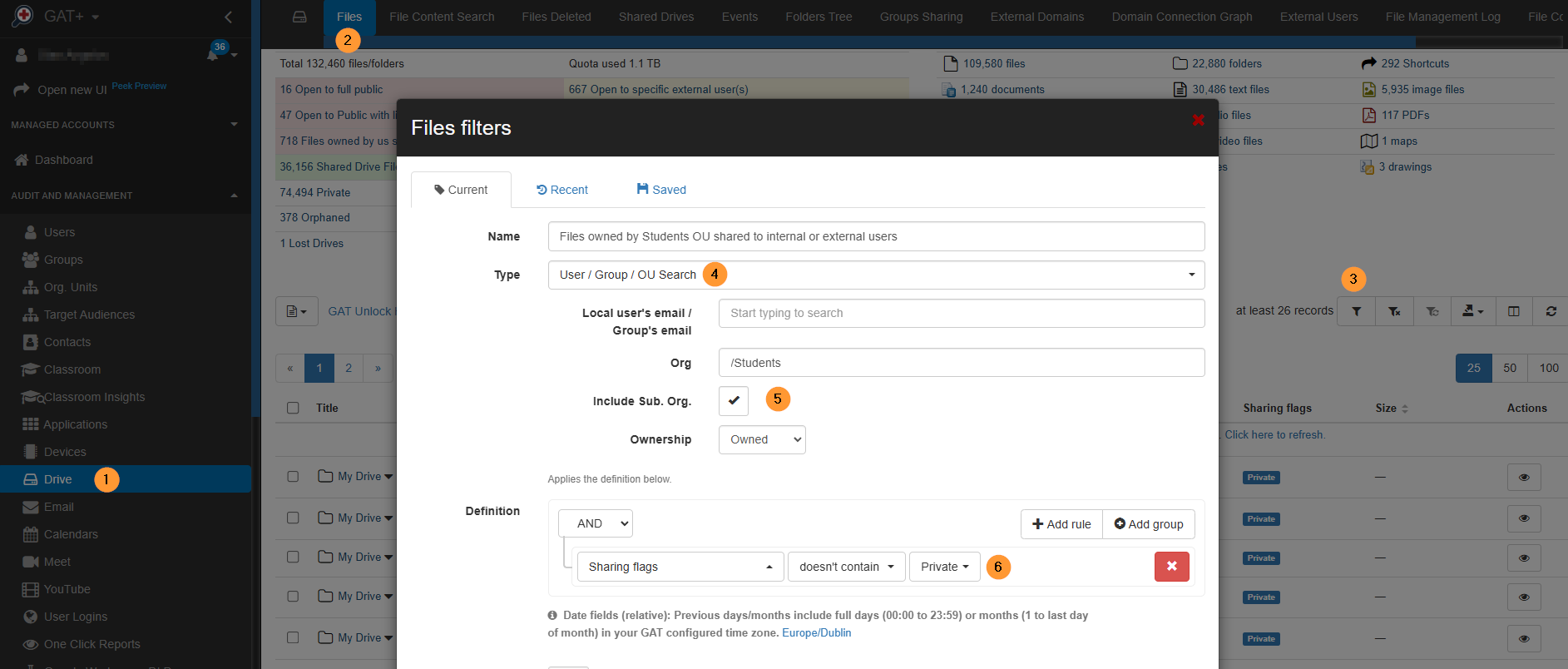 Apply the filter and search for all files owned by Students Org. Units that are also shared.