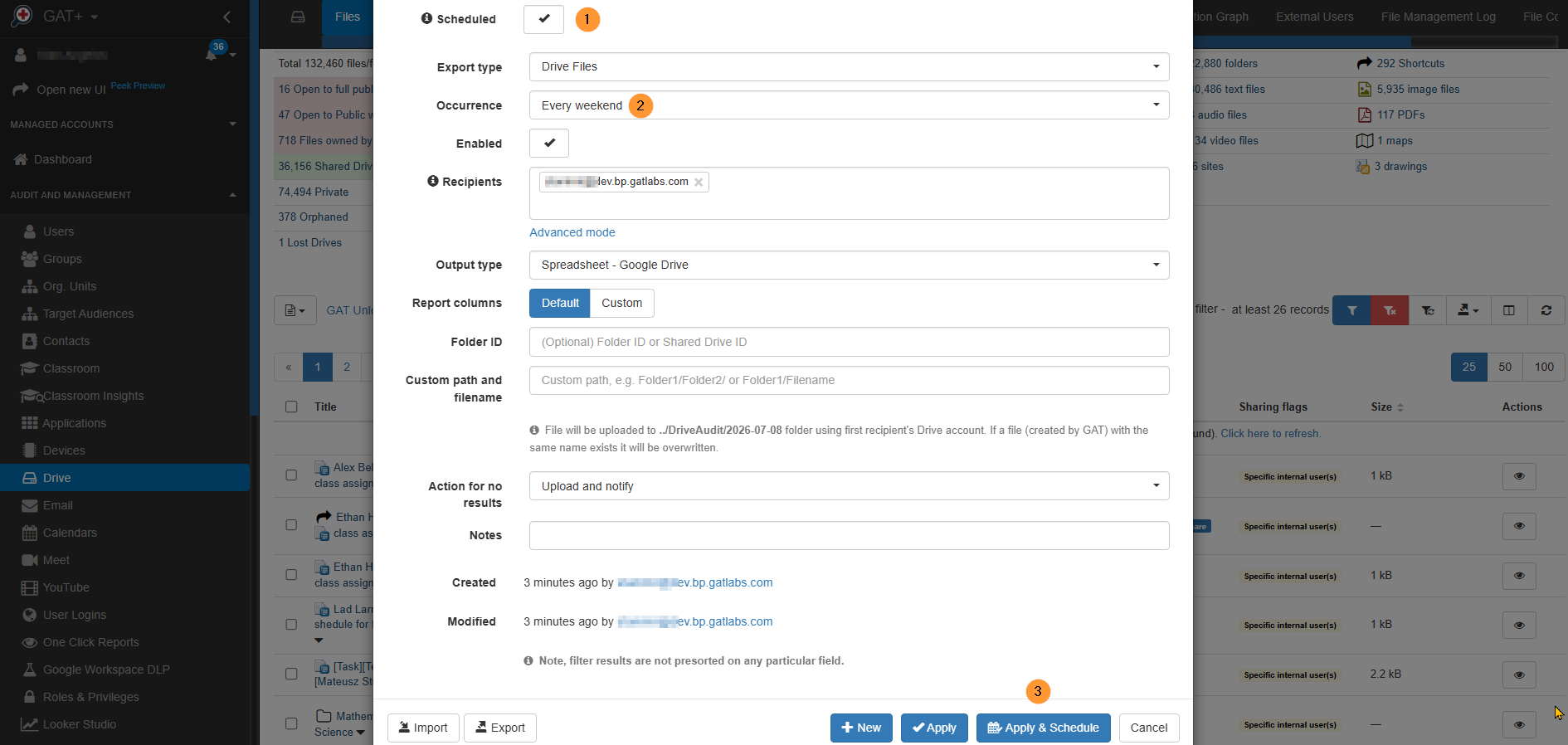Setting up a scheduled report in GAT+