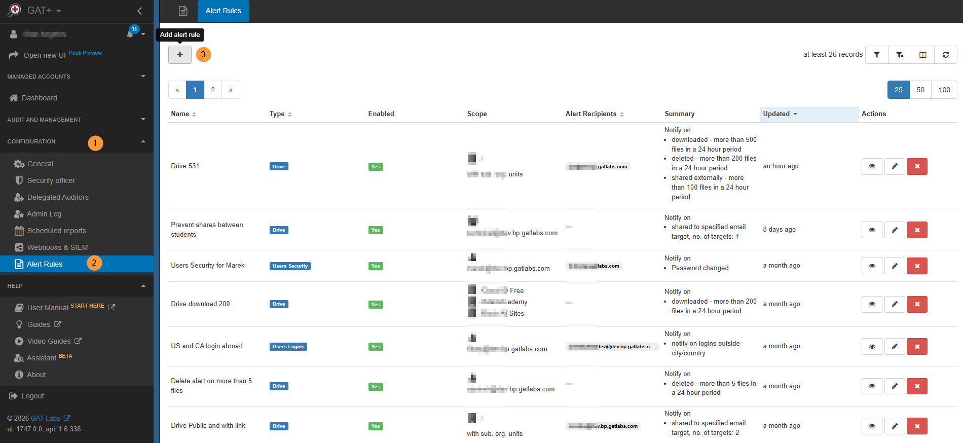 To create a new alert rule in GAT+, navigate to GAT+ > Configuration > Alert Rules > Add Alert Rule