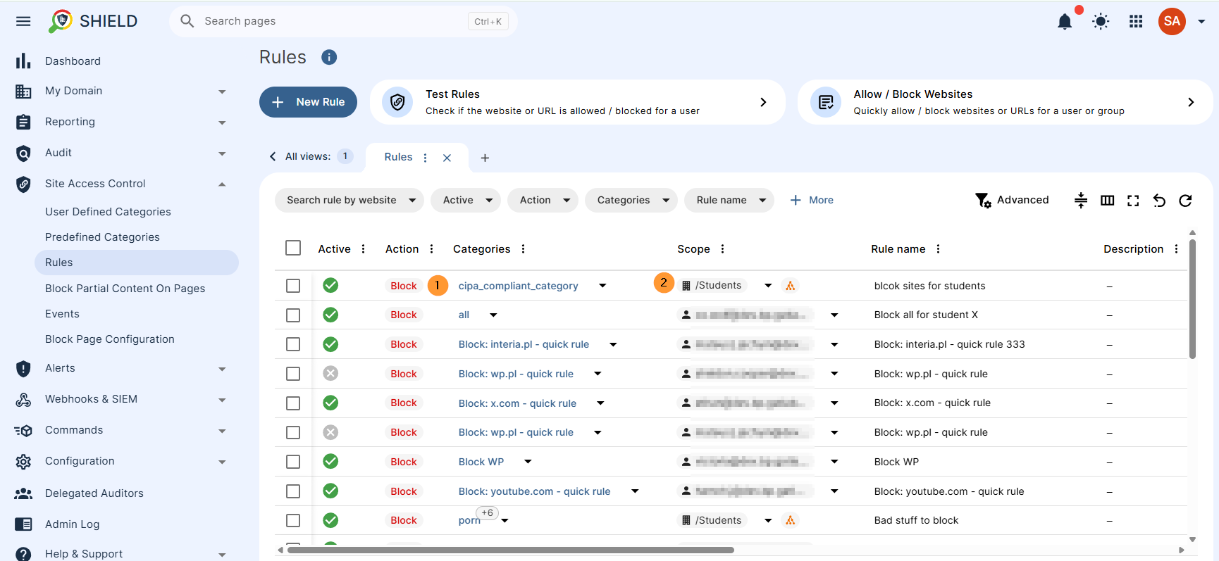 View all rules inappropriate online content that block created in Site Access Control in GAT Shield 