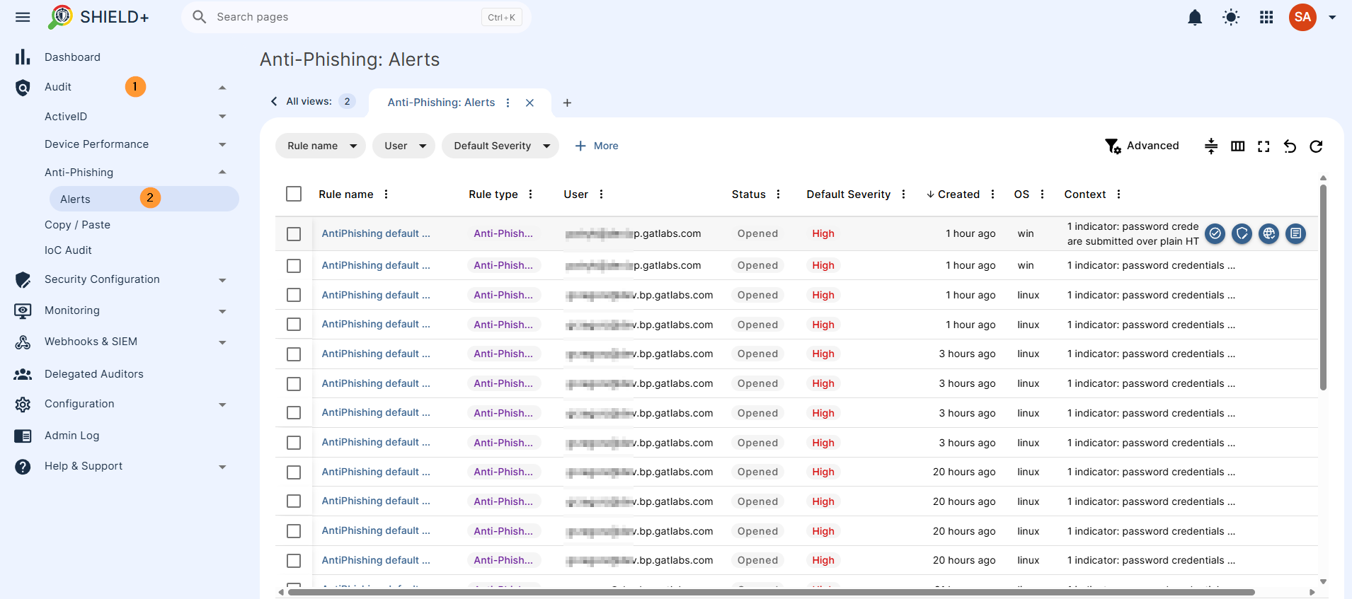 Navigate to Shield+ > Audit > Anti-Phishing > Alerts 