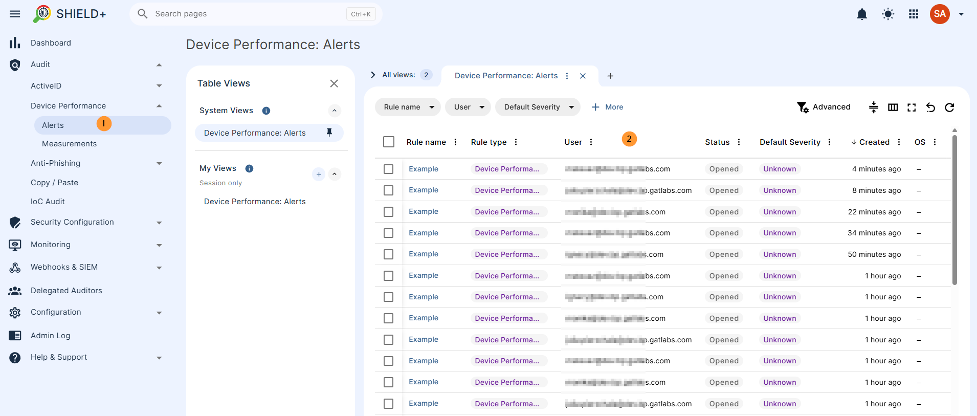 Navigate to Shield+ > Audit > Device performance > Alerts 