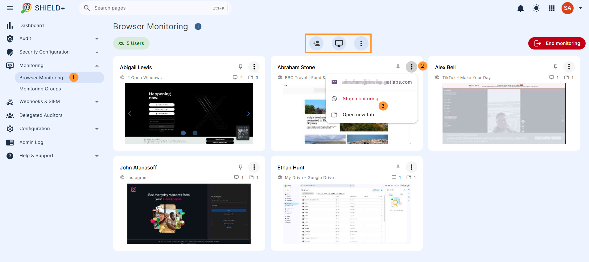 Navigate to Shield > Monitoring > Browser monitoring  Scope: select which users to view live browsing activity.