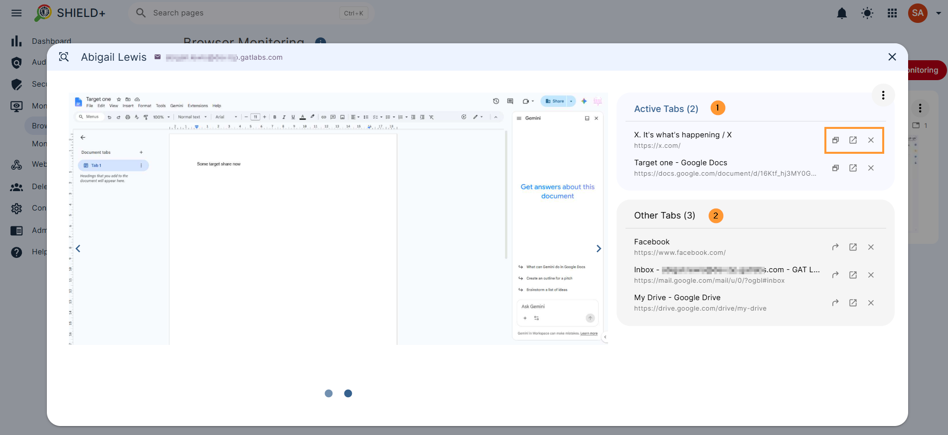 Double-click on any user's screen and view all the active tabs the user has. On the right side, take action to close or open (pull) a tab on your screen 