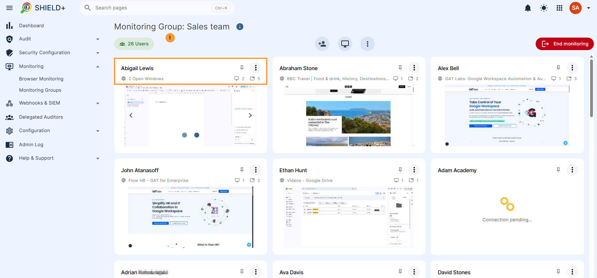 The Auditor user can then use the Shield+ tool and real-time monitor the Targets, for example, the Sales team or Contractors team. View the Open tabs and windows users have in real time, and take actions to open or close tabs for users.