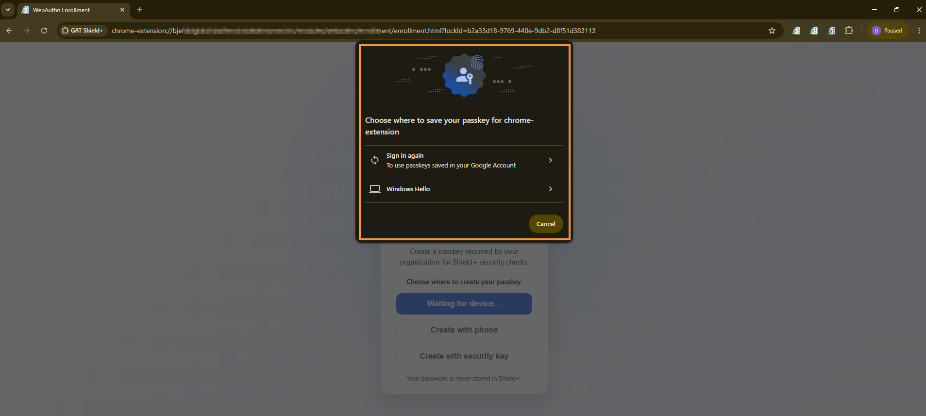 Create on this device: the user must create and save the password as below.